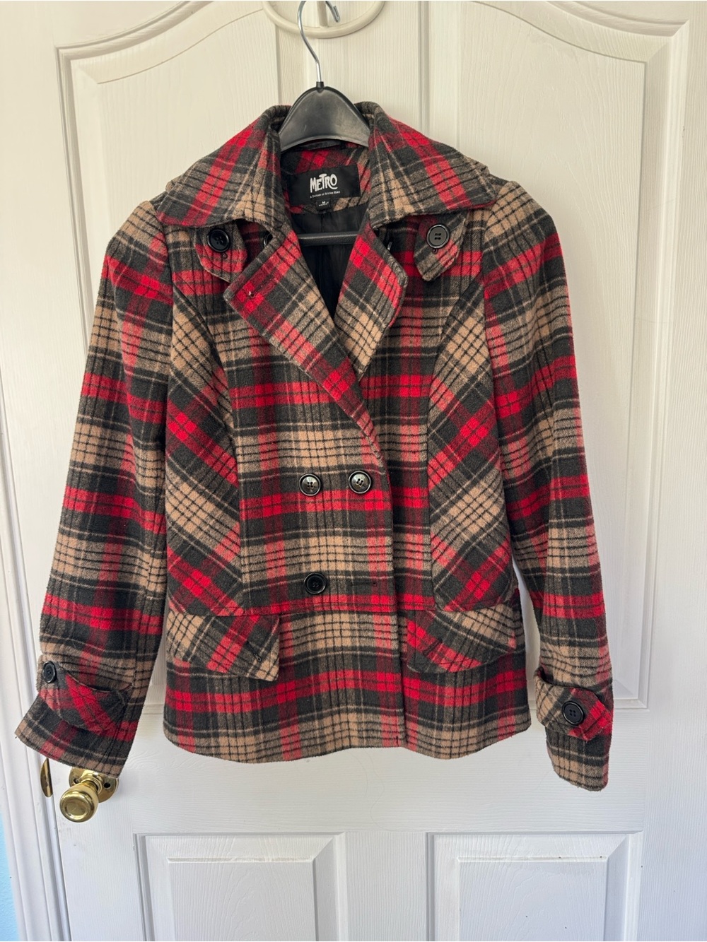 Metro Red and Tan Plaid Double-Breasted Pea Coat